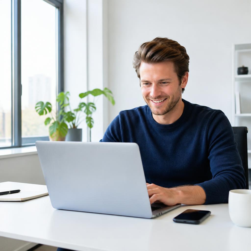 Ondernemer werkt lachend op zijn laptop in een licht kantoor